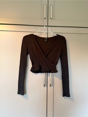 Forever 21 Black Ribbed Long Sleeve Wrap Top - Size Small